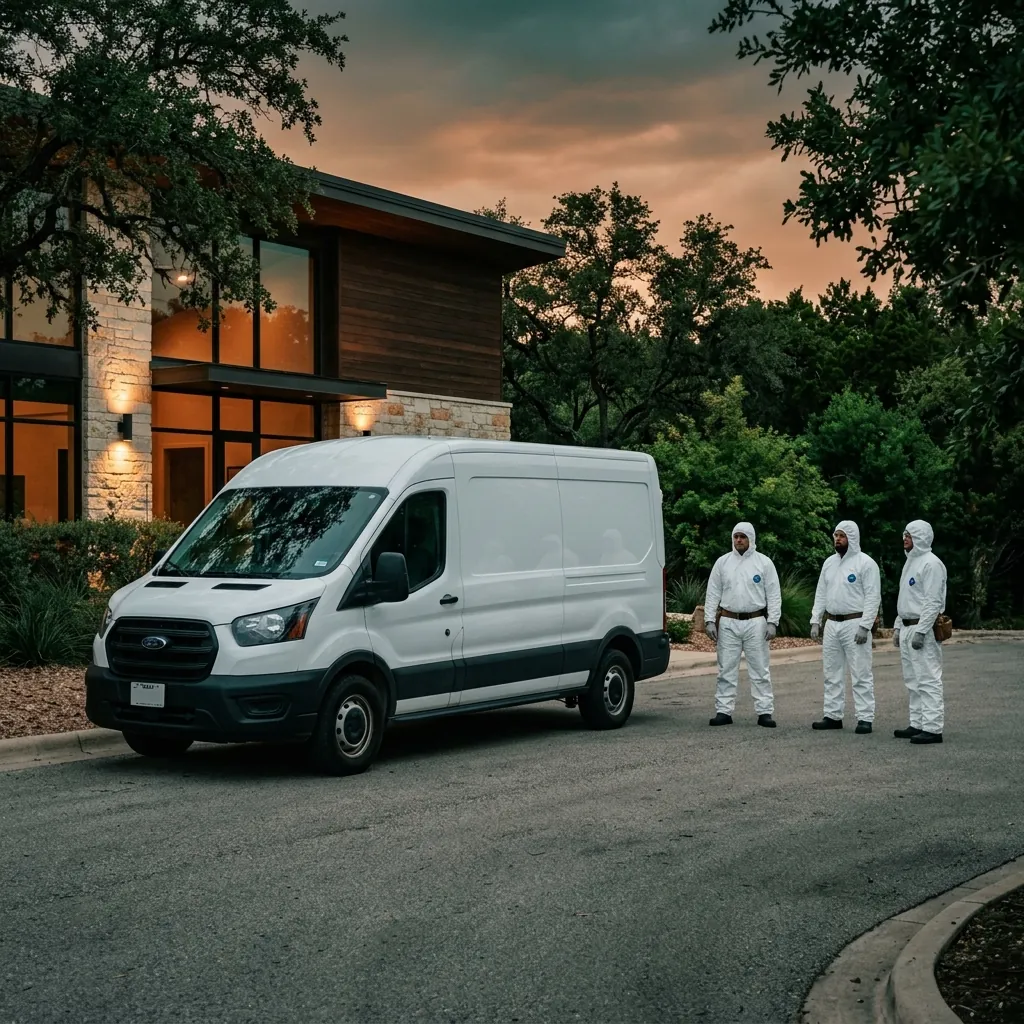 Discreet cleanup team arriving at a property in Leander, Texas